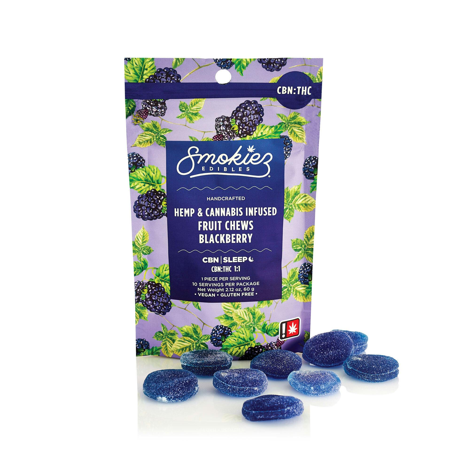 Smokiez Edibles - Blackberry 100mg CBN : 100mg THC Fruit Chews - OR - 1