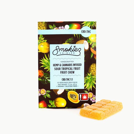 Smokiez Edibles - Sour Tropical Fruit 100mg CBD : 100mg THC Scored Single Fruit Chew - OR - 1
