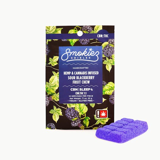 Smokiez Edibles - Sour Blackberry 100mg CBN : 100mg THC Scored Single Fruit Chew - OR - 1