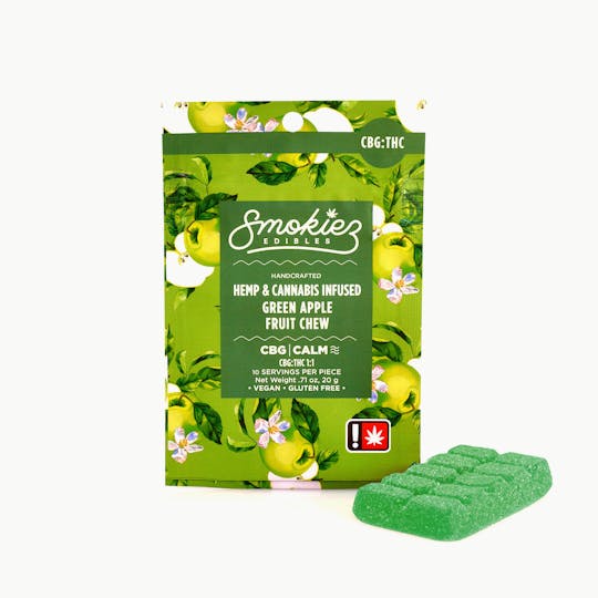 Smokiez Edibles - Green Apple 100mg CBG : 100mg THC Scored Single Fruit Chew - OR - 1