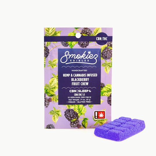 Smokiez Edibles - Blackberry 100mg CBN : 100mg THC Scored Single Fruit Chew - OR - 1