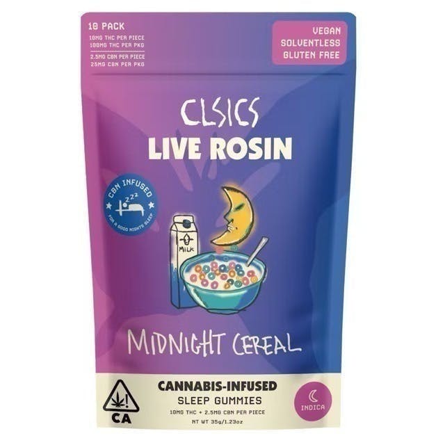 CLSICS Rosin & Rosin Infused Pre Rolls - CLSICS - CBN Midnight Cereal - Live Rosin Infused Gummies - 10ct - 1