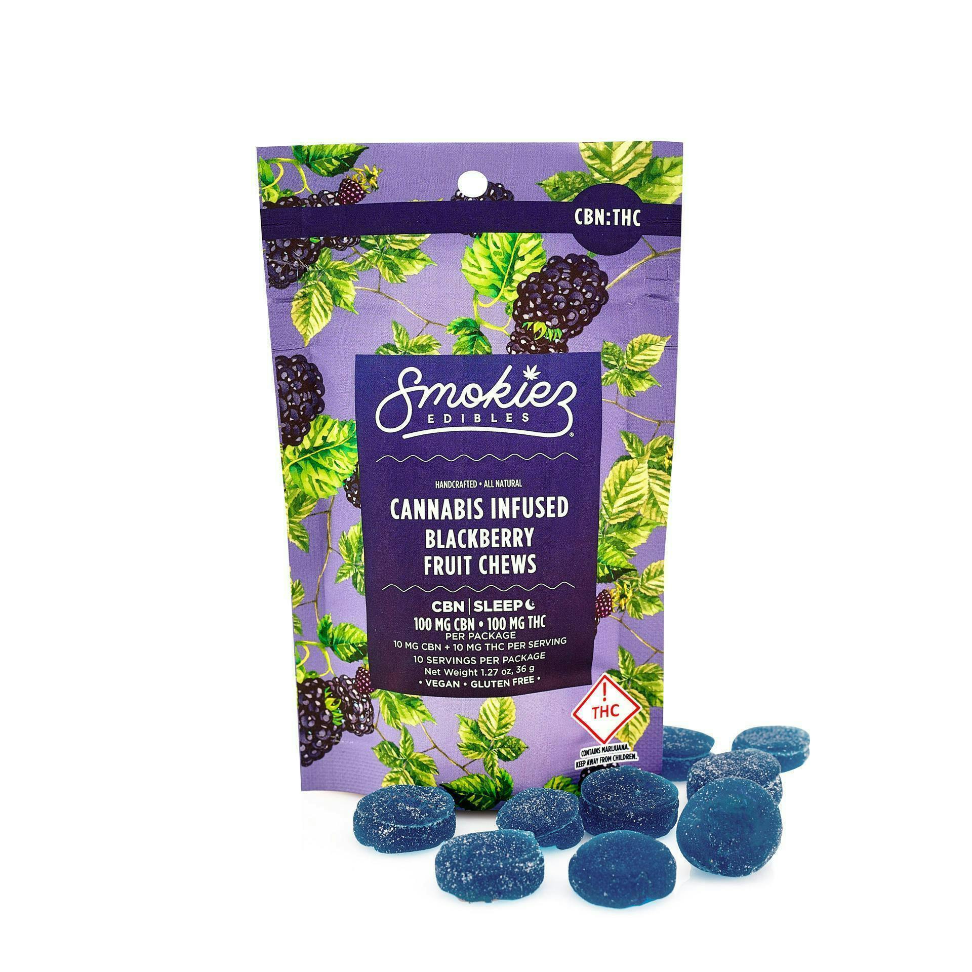 Smokiez Edibles - Blackberry Fruit Chews THC:CBN 1:1 | 100mg | 10ct | 100mg/ea - 1