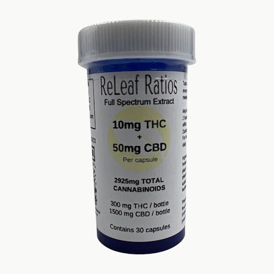 ReLeaf Ratios - 10mg THC : 50mg CBD Capsules (30 Per Bottle) - 1