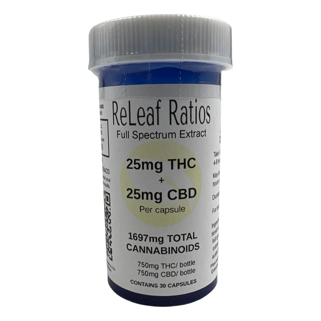 ReLeaf Ratios - 25mg THC : 25mg CBD Capsules (30 Per Bottle ) - 1
