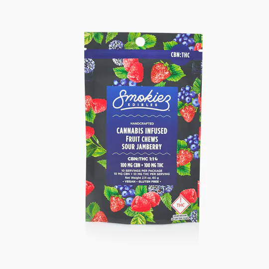 Smokiez Edibles - Sour Jamberry Fruit Chews THC:CBN 1:1 | 100mg | 10ct | 10mg/ea - 1