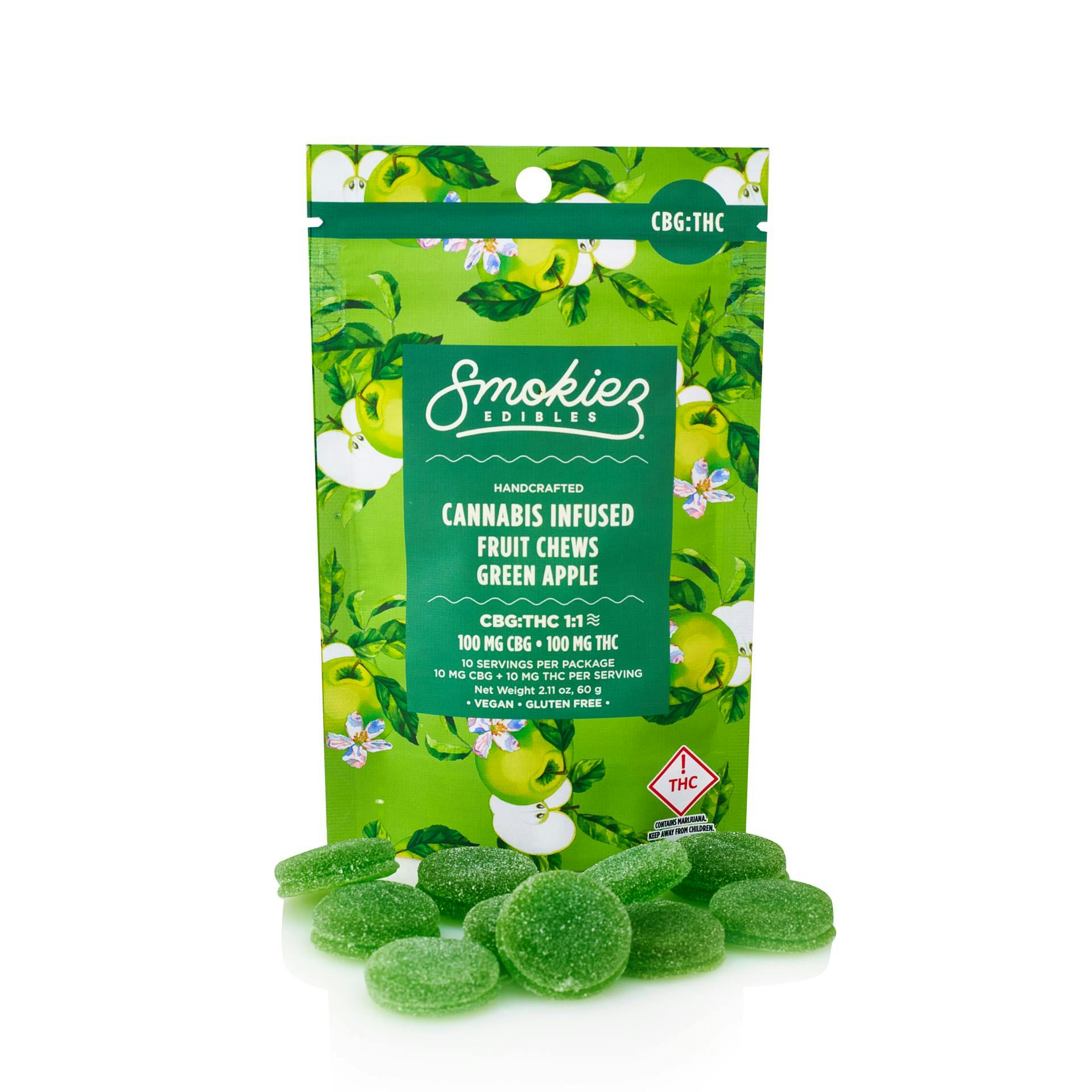 Smokiez Edibles - Green Apple Fruit Chews THC:CBG 1:1 | 100mg | 10ct | 10mg/ea - 1