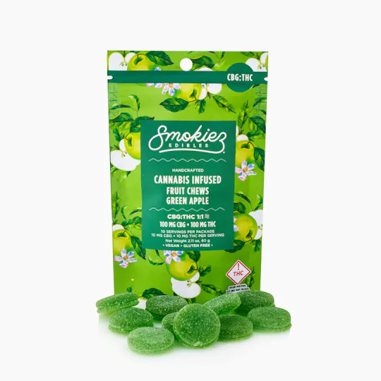 Smokiez Edibles - Green Apple Fruit Chews THC:CBG 1:1 | 100mg | 10ct | 10mg/ea - 1