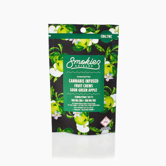 Smokiez Edibles - Sour Green Apple Fruit Chews THC:CBG 1:1 | 100mg | 10ct | 10mg/ea - 1