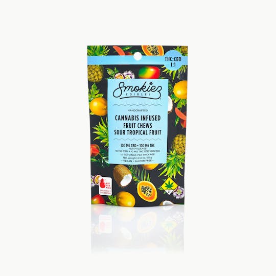 Smokiez Edibles - Smokiez Sour Tropical Fruit 100mg CBD : 100mg THC Fruit Chews - WA - 1