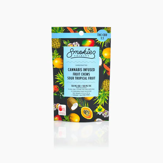 Smokiez Edibles - Sour Tropical Fruit Chews THC:CBD 1:1 | 100mg | 10ct | 10mg/ea - 1