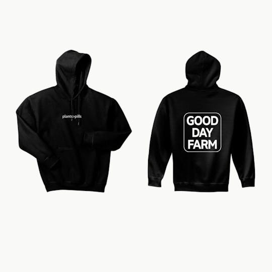 GOOD DAY FARM - GDF: Apparel | Fleece Hoodie | Plants Over Pills | Black | Small - 1