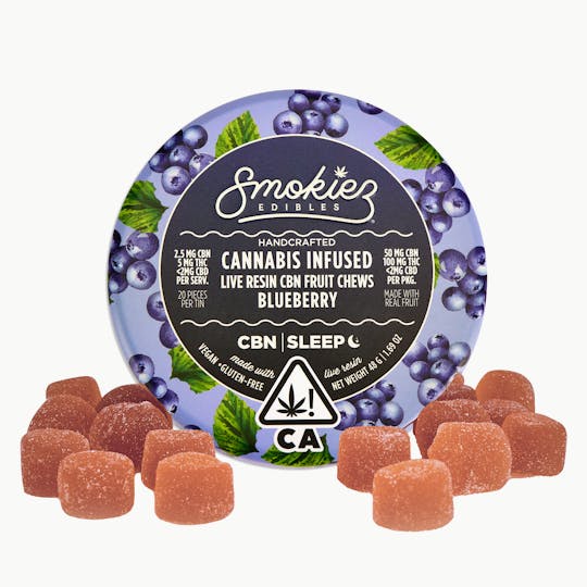 Smokiez Edibles - Blueberry 50mg CBN : 100mg Live Resin THC 1:2 Fruit Chews - CA - 1