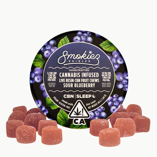 Smokiez Edibles - Sour Blueberry 50mg CBN : 100mg Live Resin THC 1:2 Fruit Chews - CA - 1