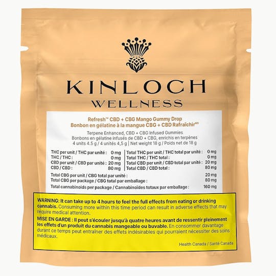 Kinloch Wellness | Hemp-Derived CBD, CBG & CBN Products - Refresh™ CBG/CBD Mango Gummy Drop 4-Pack (20mg CBG/20mg CBD each) - 1