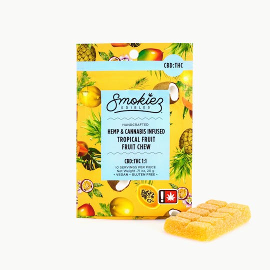 Smokiez Edibles - Tropical Fruit 100mg CBD : 100mg THC Scored Single Piece Fruit Chew - OR - 1
