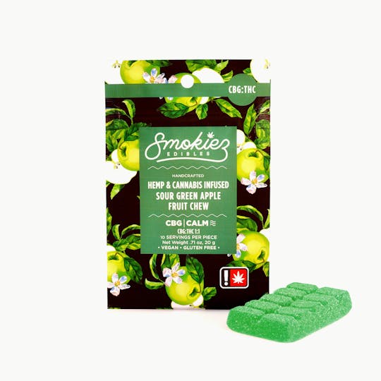 Smokiez Edibles - Sour Green Apple 100mg CBG : 100mg THC Scored Single Piece Fruit Chew - 1