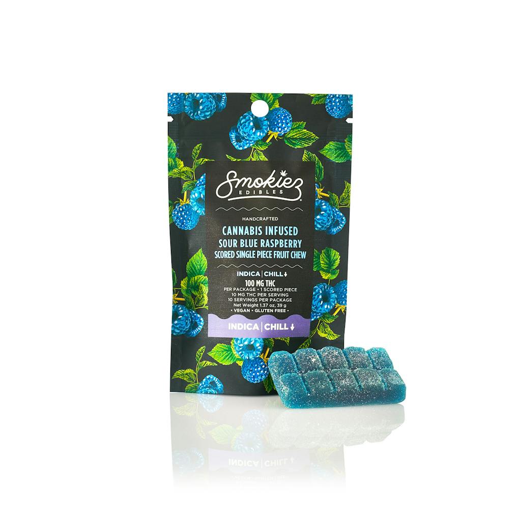 Indica Sour Blue Raspberry 100mg THC Fruit Chews - Scored Single Piece ...