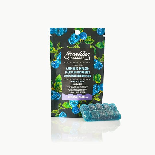 Smokiez Edibles - Indica Sour Blue Raspberry 100mg THC Fruit Chews - Scored Single Piece - AZ - 1