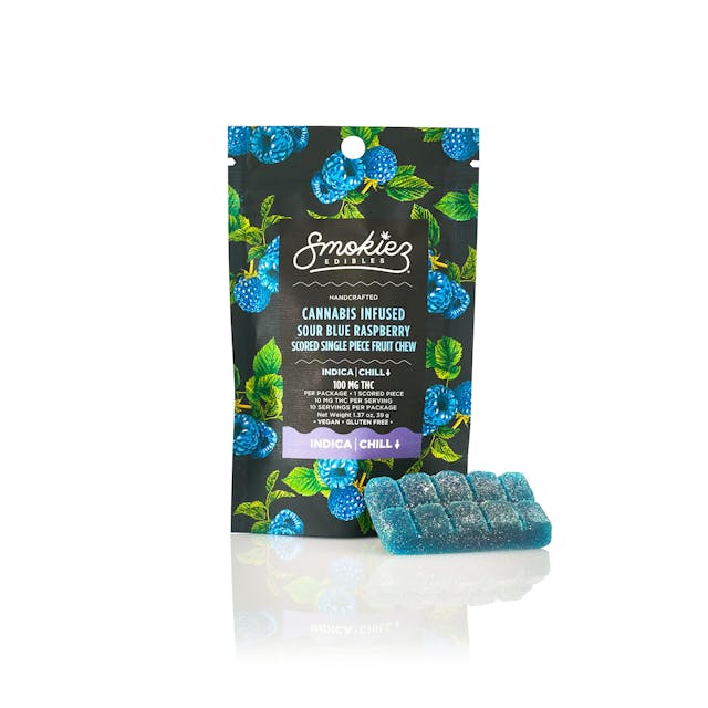 Indica Sour Blue Raspberry 100mg THC Fruit Chews - Scored Single Piece ...
