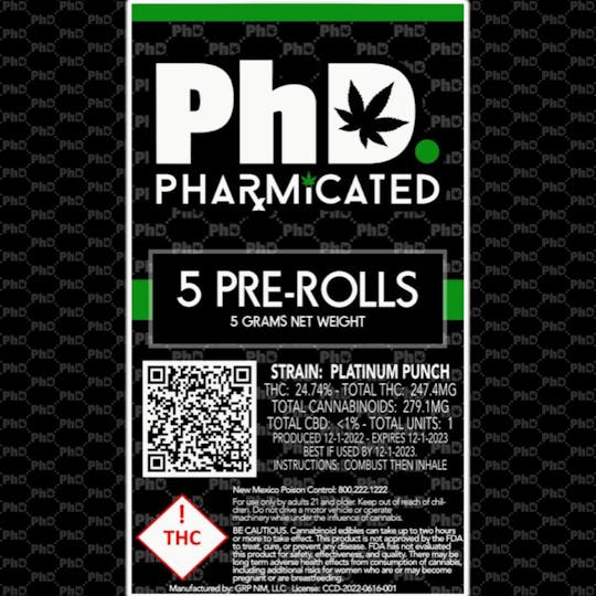 Pharmicated - PhD 5-1g Pre-Roll Box - Platinum Punch (I) - 1