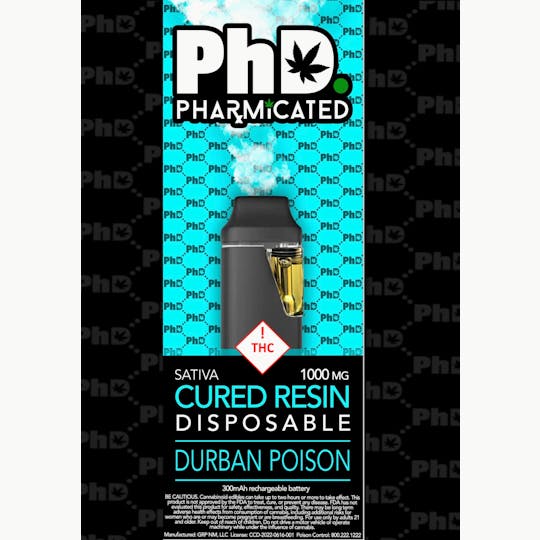 Pharmicated - PhD Disposable Cured Resin Vape Cart - Durban Poison (S) - 1