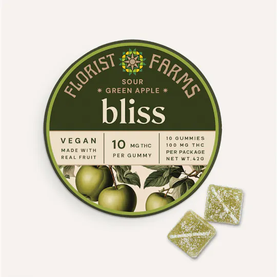 Florist Farms - Florist Farms | Bliss Sour Green Apple Gummies | 100mg | 10ct | 10mg/ea - 1