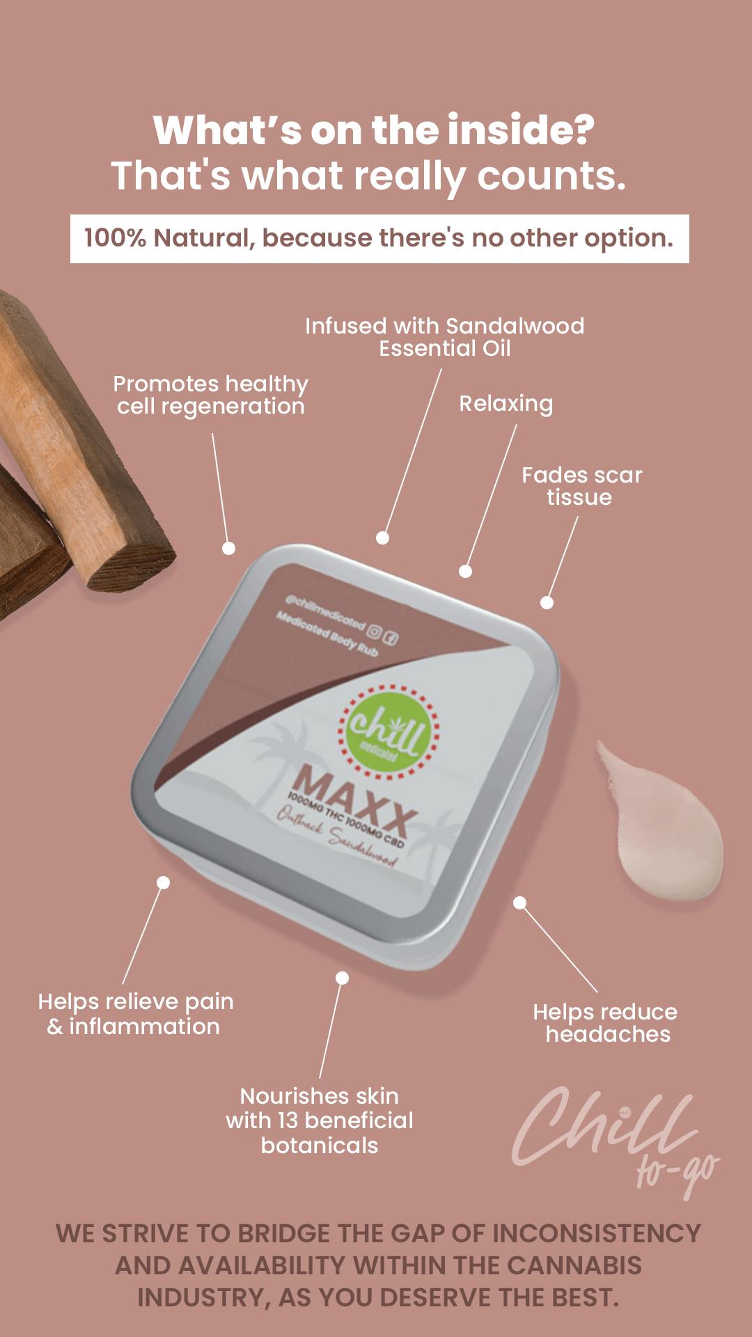 Chill Medicated - 75mg THC : 75mg CBD | MAXX TO-GO Outback Sandalwood Body Rub | MED - 1