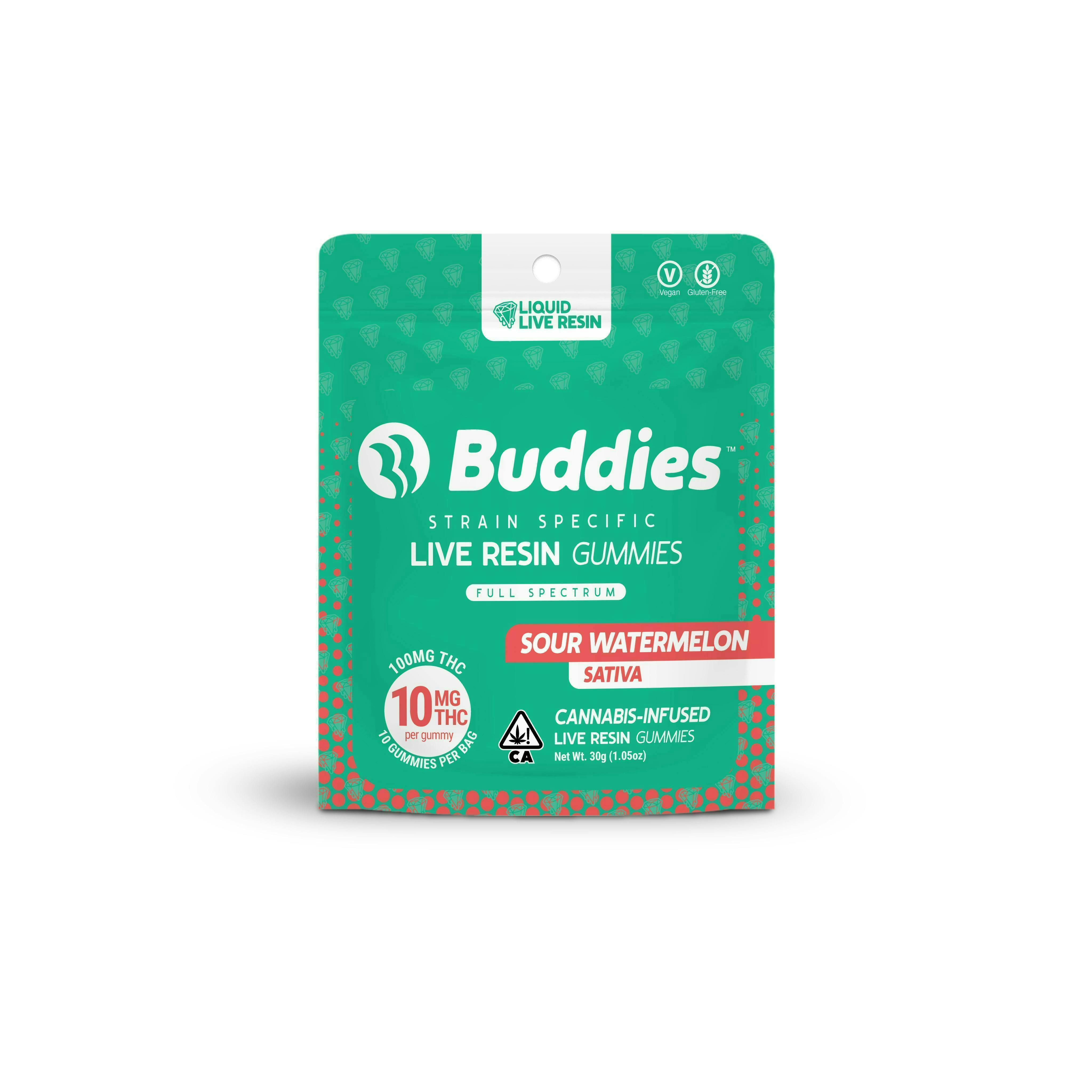 Buddies Brand - Sour Watermelon Live Resin Gummies | 100mg | 10ct | 10mg/ea - 1