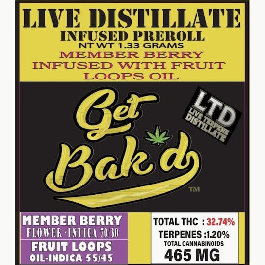 Bak'd - Bak'd Infused 1.33g Pre Roll (Member Berry x Fruit Loops) - 1