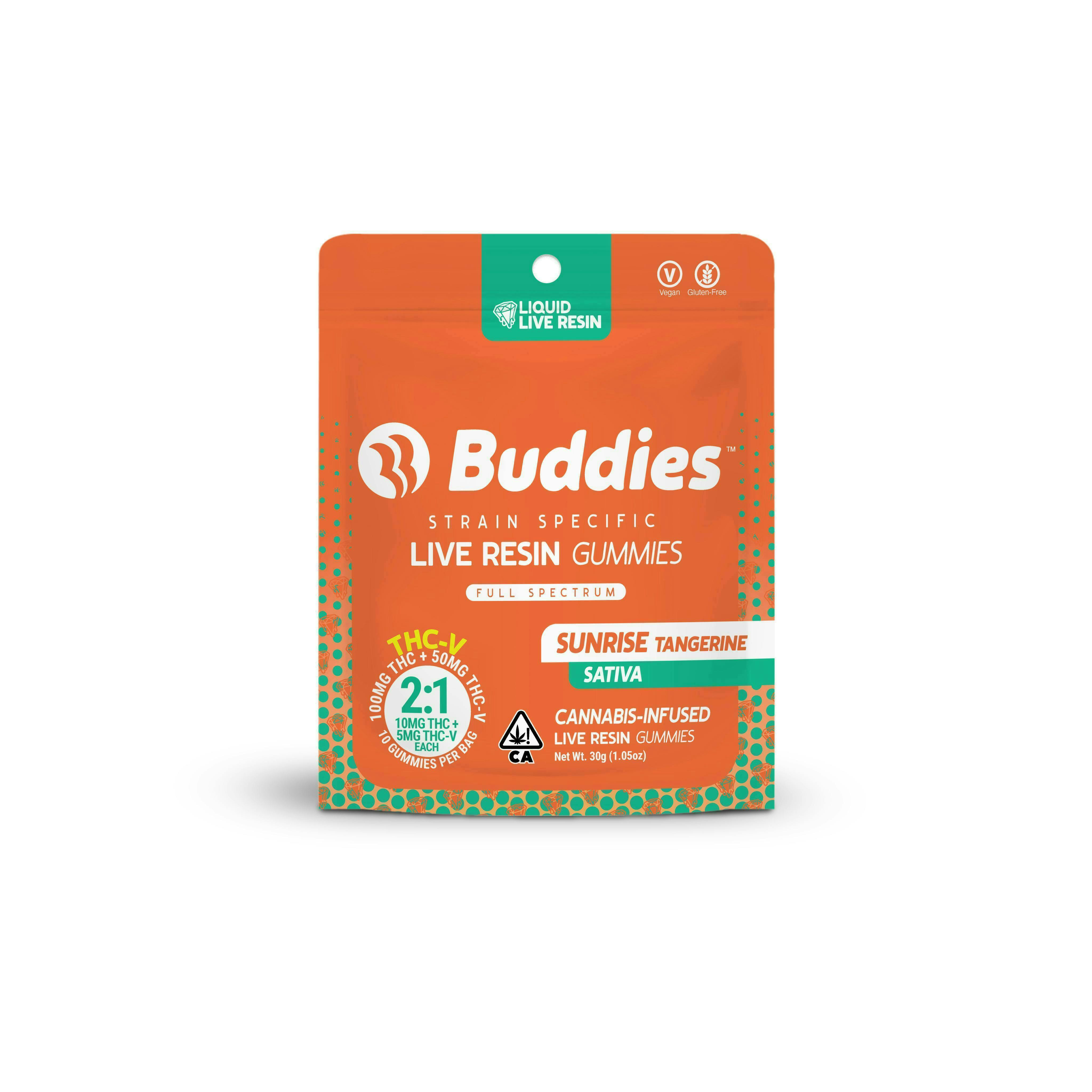 Buddies Brand - Sunrise Tangerine 2:1 THC:THCV Live Resin Gummies | 100mg | 10ct | 10mg/ea - 1