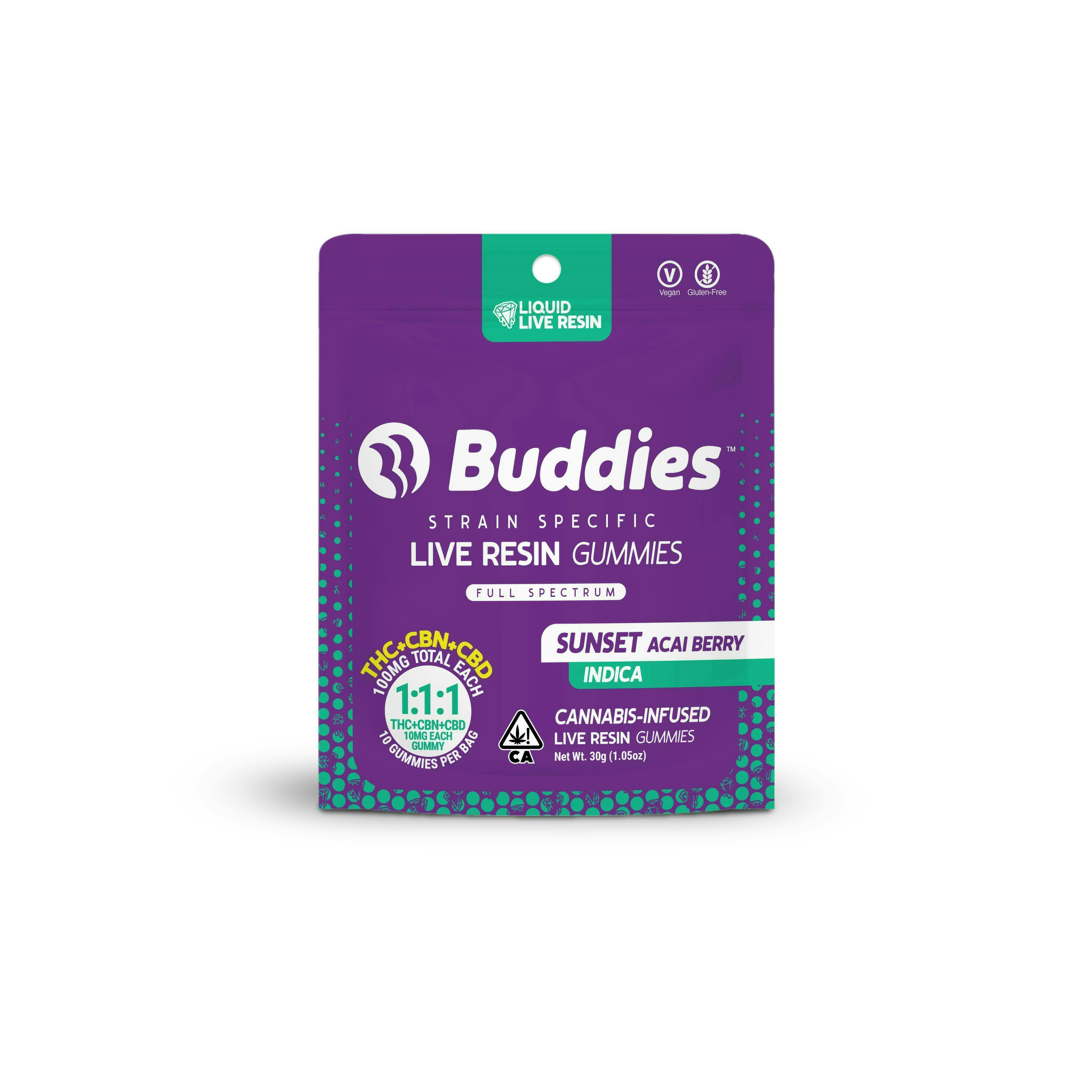 Buddies Brand - Sunset Acai Berry THC:CBD:CBN Live Resin Gummies | 100mg | 10ct | 10mg/ea - 1