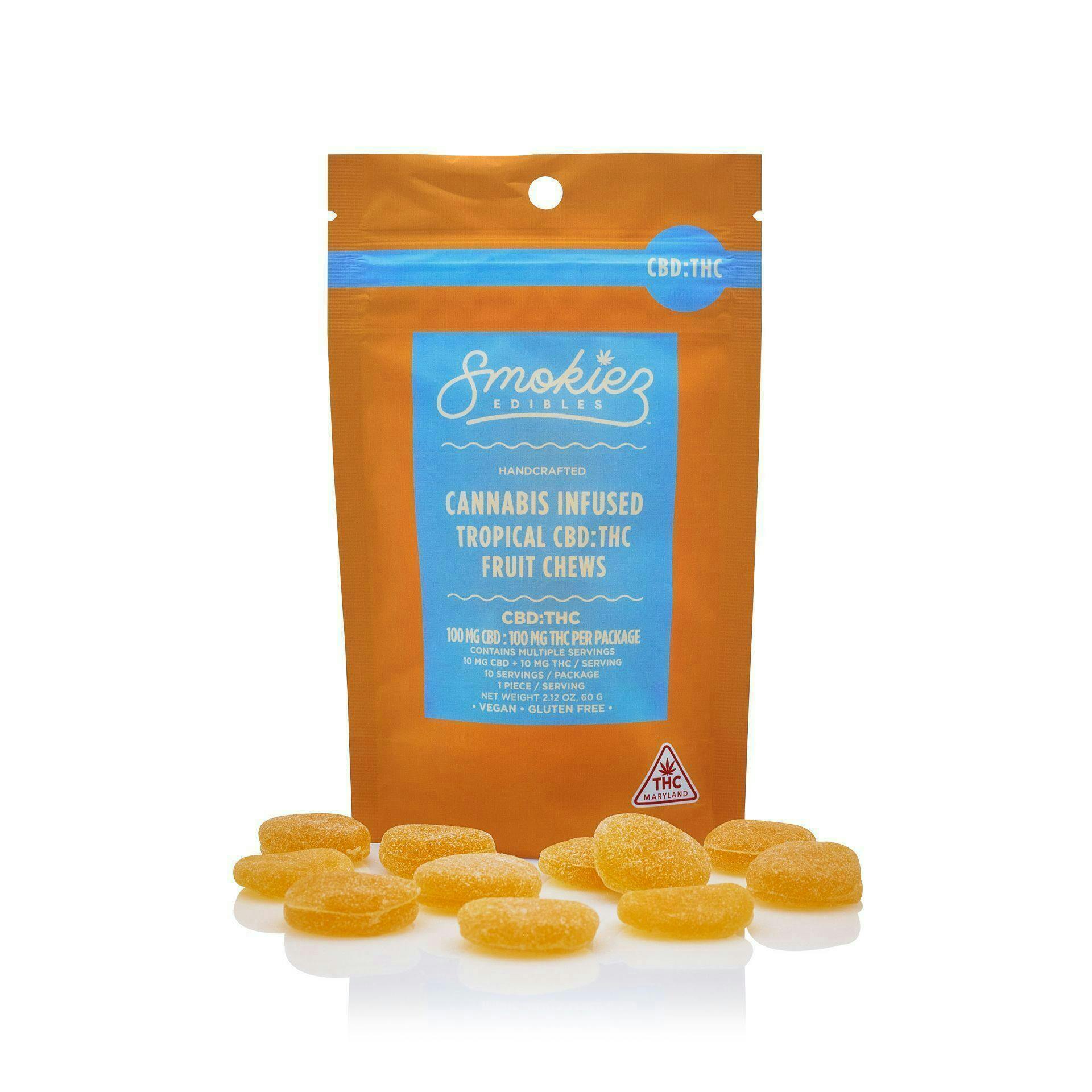 Smokiez Edibles - Tropical Fruit Chews 1:1 THC:CBD | 100mg | 10ct | 10mg/ea - 1