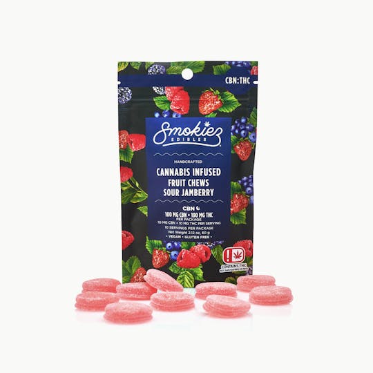 Smokiez Edibles - CBN:THC 1:1 Sour Jamberry100mg CBN:100mg THC Fruit Chews - 1