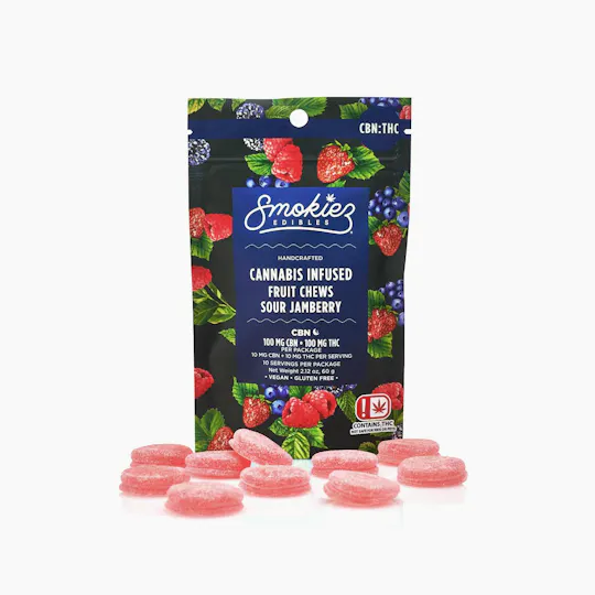 Smokiez Edibles - Sour Jamberry Fruit Chews 1:1 THC:CBN | 100mg | 10ct | 10mg/ea - 1