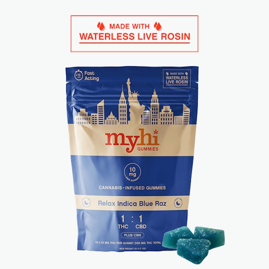 My Hi - Relax Indica Blue Raz (1:1 THC:CBD) - Waterless Live Rosin Gummies (100mg) - 1