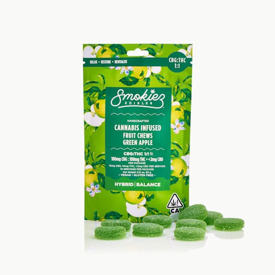 Smokiez Edibles - Green Apple 100mg CBG : 100mg THC Fruit Chews - CA - 1