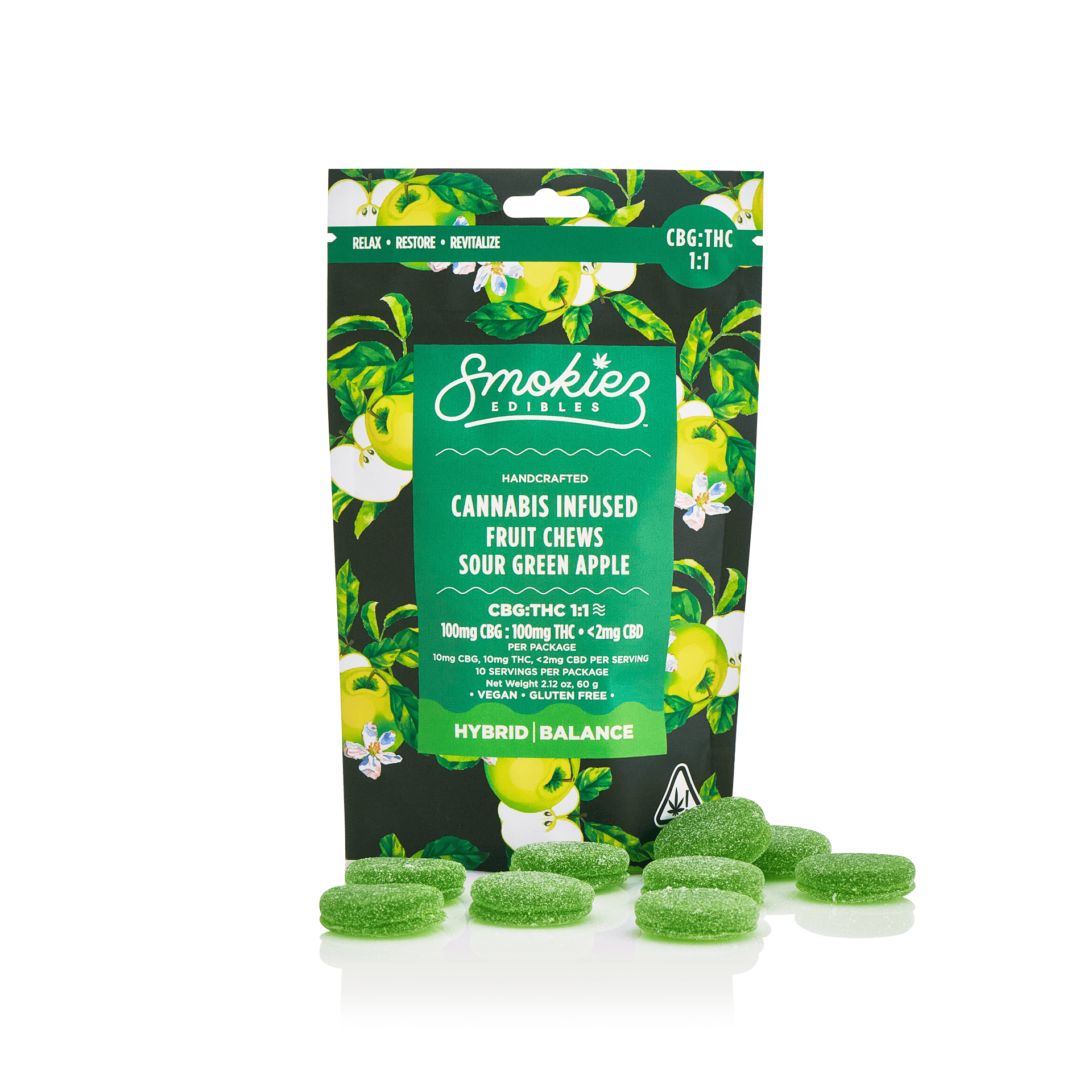 Smokiez Edibles - Sour Green Apple Fruit Chews 1:1 THC:CBG | 100mg | 10ct | 10mg/ea - 1
