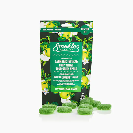 Smokiez Edibles - Sour Green Apple Fruit Chews 1:1 THC:CBG | 100mg | 10ct | 10mg/ea - 1