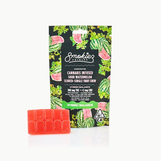 Smokiez Edibles - Indica Sour Blue Raspberry 100mg THC Fruit Chews - Scored Single Piece - CA - 1