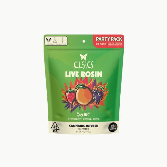 CLSICS Rosin & Rosin Infused Pre Rolls - Sour Sativa 20Pk Gummies - LIVE ROSIN INFUSED PARTY PACK - 1