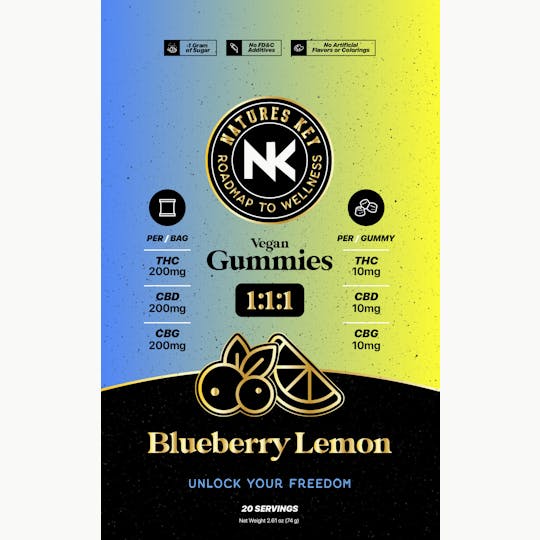 Natures Key - Blueberry Lemon | 1:1:1 | 200mg THC | 200mg CBD | 200mg CBG | Vegan Gummies - 1