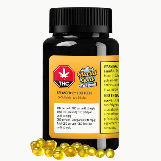 Glacial Gold - Balanced 10:10 Softgels | 100 Pack (1000mg THC & 1000mg CBD) - 1