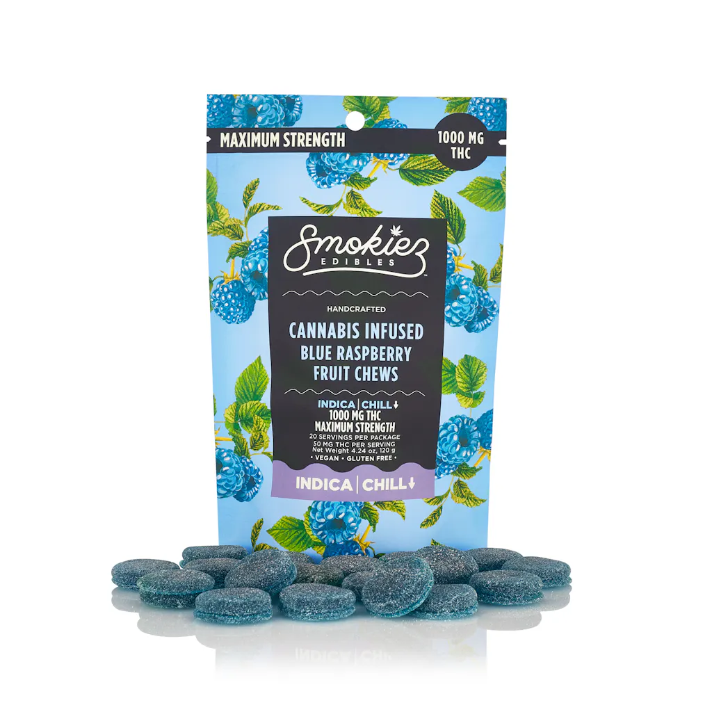 Blue Raspberry Indica - Maximum Strength - 1000mg THC Fruit Chews ...