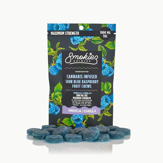 Smokiez Edibles - Sour Blue Raspberry Indica - Maximum Strength - 1000mg THC Fruit Chews - 1
