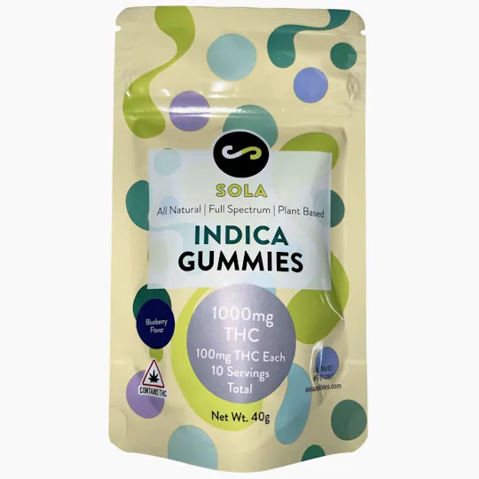 Indico - 1000mg Indica Gummies - Blueberry Flavor (Sola Edibles) - 1