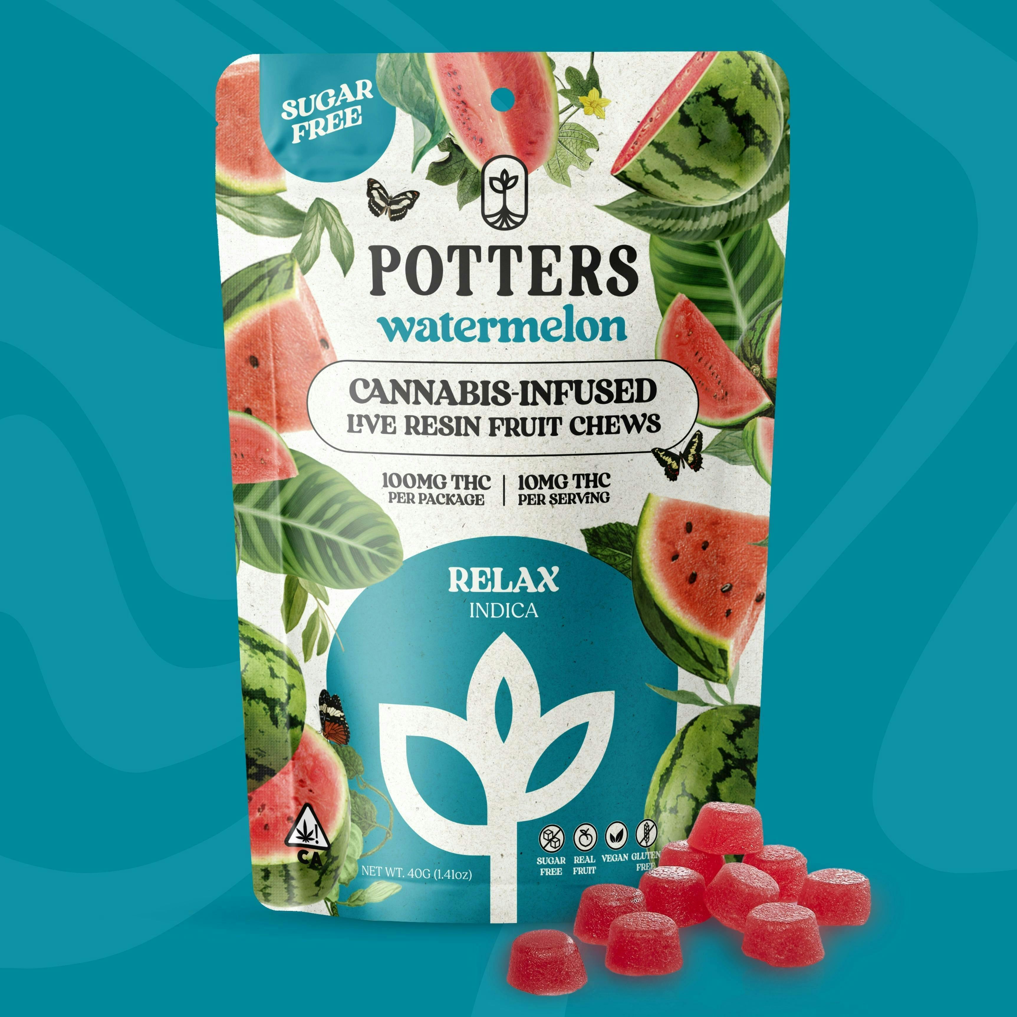 Potters - Sugar-Free Live Fruit Chews | Watermelon Gummies | 100mg | 10ct | 10mg/ea - 1