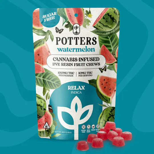 Potters - Sugar-Free Live Fruit Chews | Watermelon Gummies | 100mg | 10ct | 10mg/ea - 1