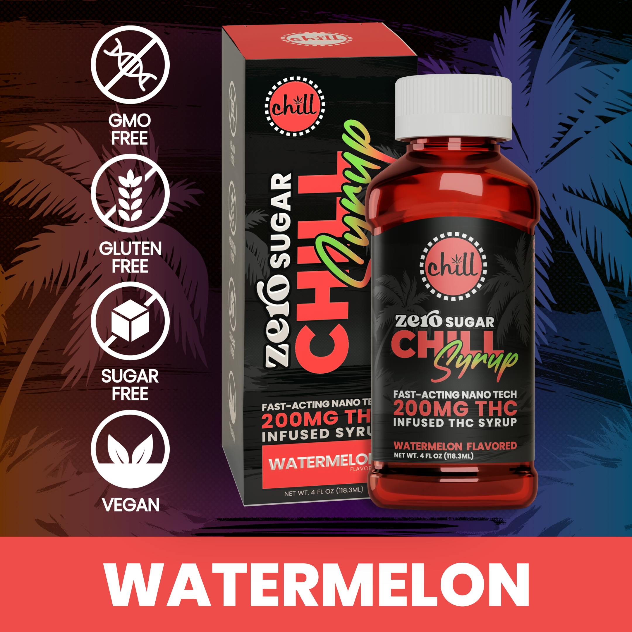 Chill Medicated - Watermelon | ZERO Sugar 200mg THC Syrup | Chill Medicated | MED - 1