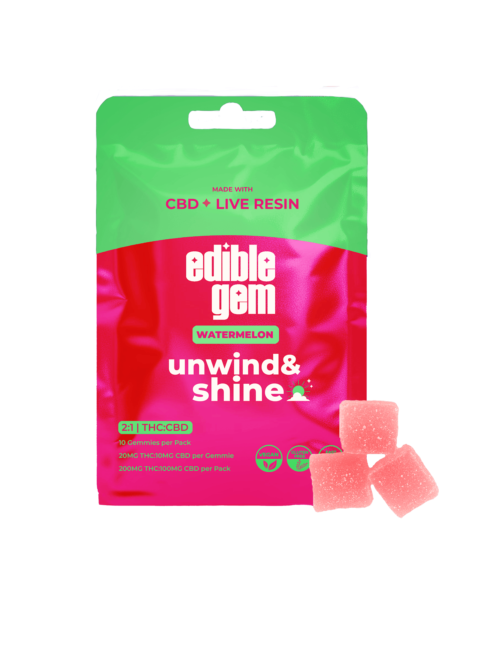 Edible Gem - Edible Gem | Unwind & Shine 2:1 CBD | Live Resin Gummies | Watermelon - 1